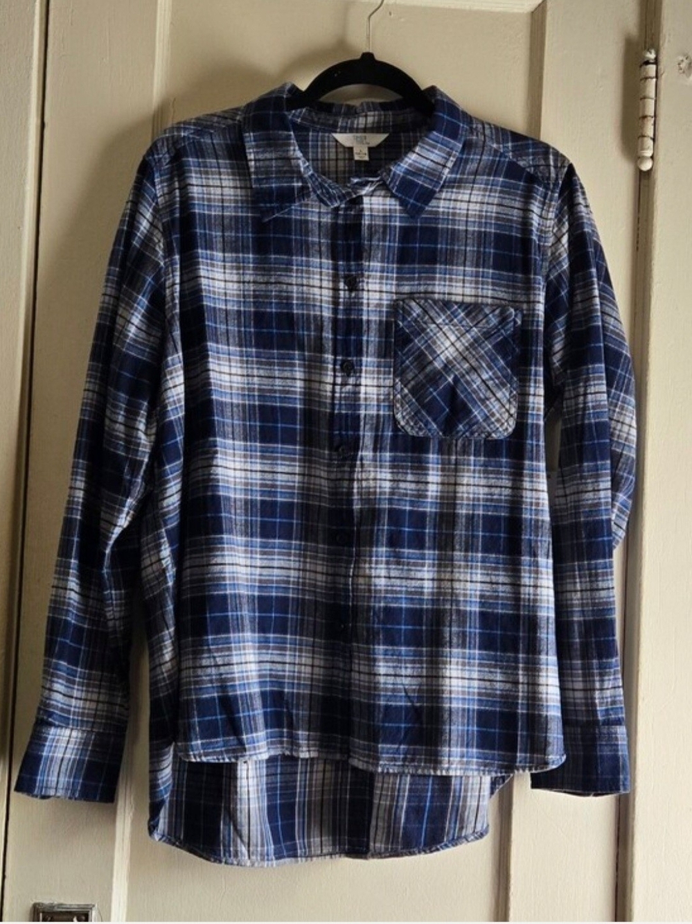 Time and Tru Blue and White Plaid Button-Down Shirt